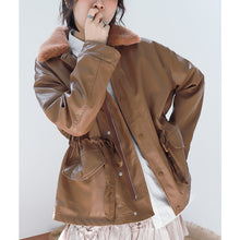 Load image into Gallery viewer, [clearance second kills 218] Korean version of wool collar plus plush women's leather jacket loose rope jacket PU leather jacket 3070