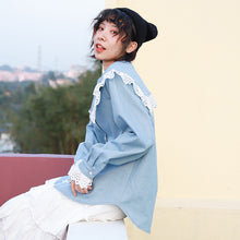 Load image into Gallery viewer, 2019 Korean women's retro doll collar shirt women Joker long sleeve fresh art denim shirt women 8052