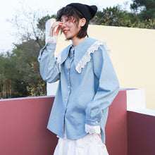 Load image into Gallery viewer, 2019 Korean women's retro doll collar shirt women Joker long sleeve fresh art denim shirt women 8052