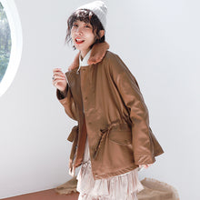 Load image into Gallery viewer, [clearance second kills 218] Korean version of wool collar plus plush women's leather jacket loose rope jacket PU leather jacket 3070