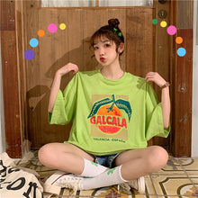 Load image into Gallery viewer, Korean version of loose fruit letters printed round neck long short sleeve T-shirt 8615
