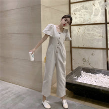 Load image into Gallery viewer, 2019 Korean women's new solid color simple Joker single-breasted square collar tooling short sleeve siamese wide leg pants 9213