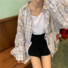 Load image into Gallery viewer, 2019 new women's solid color vest+elastic waist drawstring wide leg shorts+sunscreen plaid shirt