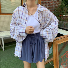 Load image into Gallery viewer, 2019 new women's solid color vest+elastic waist drawstring wide leg shorts+sunscreen plaid shirt