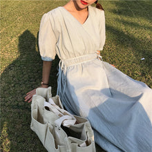 Load image into Gallery viewer, New women's dress of 2019 V-neck, short sleeve, plaid, retro foam sleeve, loose waist tie dress