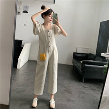 Load image into Gallery viewer, 2019 Korean women's new solid color simple Joker single-breasted square collar tooling short sleeve siamese wide leg pants 9213