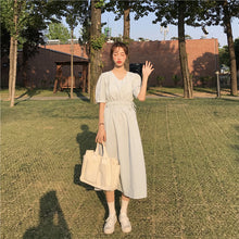 Load image into Gallery viewer, New women's dress of 2019 V-neck, short sleeve, plaid, retro foam sleeve, loose waist tie dress