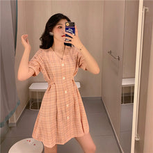 Load image into Gallery viewer, Summer 2019 New Retro Harbour Wind Bubble Sleeve A-shaped Skirt, Slim Closed Short Sleeve Chequered Dress 813
