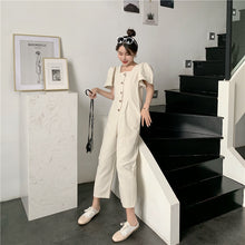 Load image into Gallery viewer, 2019 Korean women's new solid color simple Joker single-breasted square collar tooling short sleeve siamese wide leg pants 9213