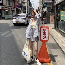 Load image into Gallery viewer, 2019 new women's solid color vest+elastic waist drawstring wide leg shorts+sunscreen plaid shirt
