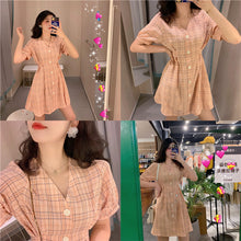Load image into Gallery viewer, Summer 2019 New Retro Harbour Wind Bubble Sleeve A-shaped Skirt, Slim Closed Short Sleeve Chequered Dress 813