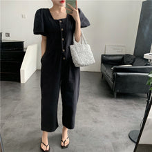 Load image into Gallery viewer, 2019 Korean women's new solid color simple Joker single-breasted square collar tooling short sleeve siamese wide leg pants 9213