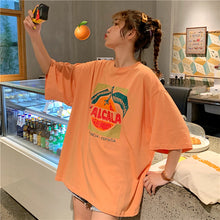 Load image into Gallery viewer, Korean version of loose fruit letters printed round neck long short sleeve T-shirt 8615