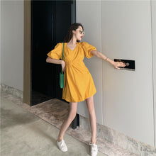 Load image into Gallery viewer, 2019 new Korean version of solid color bubble sleeve wrinkle irregular dress fashion design slim skirt 9935