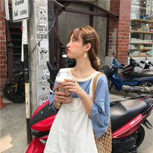Load image into Gallery viewer, 2019 new ladies striped T-shirt+black strap wide leg shorts two-piece 8850