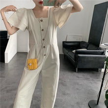 Load image into Gallery viewer, 2019 Korean women's new solid color simple Joker single-breasted square collar tooling short sleeve siamese wide leg pants 9213