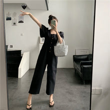 Load image into Gallery viewer, 2019 Korean women's new solid color simple Joker single-breasted square collar tooling short sleeve siamese wide leg pants 9213