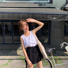 Load image into Gallery viewer, 2019 new women's solid color vest+elastic waist drawstring wide leg shorts+sunscreen plaid shirt