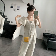 Load image into Gallery viewer, 2019 Korean women's new solid color simple Joker single-breasted square collar tooling short sleeve siamese wide leg pants 9213