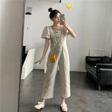 Load image into Gallery viewer, 2019 Korean women's new solid color simple Joker single-breasted square collar tooling short sleeve siamese wide leg pants 9213