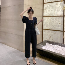 Load image into Gallery viewer, 2019 Korean women's new solid color simple Joker single-breasted square collar tooling short sleeve siamese wide leg pants 9213