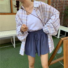 Load image into Gallery viewer, 2019 new women's solid color vest+elastic waist drawstring wide leg shorts+sunscreen plaid shirt