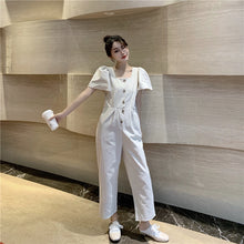 Load image into Gallery viewer, 2019 Korean women's new solid color simple Joker single-breasted square collar tooling short sleeve siamese wide leg pants 9213