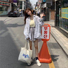Load image into Gallery viewer, 2019 new women's solid color vest+elastic waist drawstring wide leg shorts+sunscreen plaid shirt