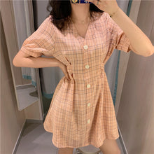 Load image into Gallery viewer, Summer 2019 New Retro Harbour Wind Bubble Sleeve A-shaped Skirt, Slim Closed Short Sleeve Chequered Dress 813