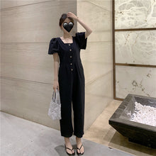 Load image into Gallery viewer, 2019 Korean women's new solid color simple Joker single-breasted square collar tooling short sleeve siamese wide leg pants 9213