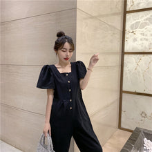 Load image into Gallery viewer, 2019 Korean women's new solid color simple Joker single-breasted square collar tooling short sleeve siamese wide leg pants 9213