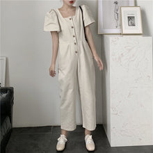 Load image into Gallery viewer, 2019 Korean women's new solid color simple Joker single-breasted square collar tooling short sleeve siamese wide leg pants 9213