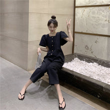 Load image into Gallery viewer, 2019 Korean women's new solid color simple Joker single-breasted square collar tooling short sleeve siamese wide leg pants 9213