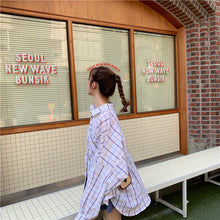 Load image into Gallery viewer, 2019 new women's solid color vest+elastic waist drawstring wide leg shorts+sunscreen plaid shirt