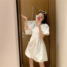 Load image into Gallery viewer, 2019 new Korean version of solid color bubble sleeve wrinkle irregular dress fashion design slim skirt 9935