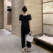 Load image into Gallery viewer, 2019 Korean women's new solid color simple Joker single-breasted square collar tooling short sleeve siamese wide leg pants 9213