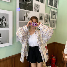 Load image into Gallery viewer, 2019 new women's solid color vest+elastic waist drawstring wide leg shorts+sunscreen plaid shirt