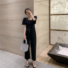 Load image into Gallery viewer, 2019 Korean women's new solid color simple Joker single-breasted square collar tooling short sleeve siamese wide leg pants 9213