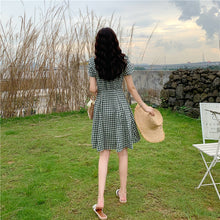 Load image into Gallery viewer, 2019 Korean version of small fresh Hong Kong green retro waist V-neck plaid dress 9920