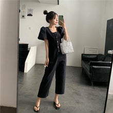 Load image into Gallery viewer, 2019 Korean women's new solid color simple Joker single-breasted square collar tooling short sleeve siamese wide leg pants 9213