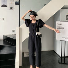 Load image into Gallery viewer, 2019 Korean women's new solid color simple Joker single-breasted square collar tooling short sleeve siamese wide leg pants 9213