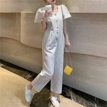 Load image into Gallery viewer, 2019 Korean women's new solid color simple Joker single-breasted square collar tooling short sleeve siamese wide leg pants 9213