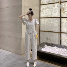 Load image into Gallery viewer, 2019 Korean women's new solid color simple Joker single-breasted square collar tooling short sleeve siamese wide leg pants 9213
