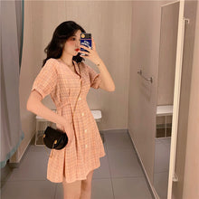 Load image into Gallery viewer, Summer 2019 New Retro Harbour Wind Bubble Sleeve A-shaped Skirt, Slim Closed Short Sleeve Chequered Dress 813
