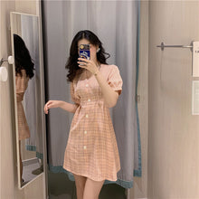 Load image into Gallery viewer, Summer 2019 New Retro Harbour Wind Bubble Sleeve A-shaped Skirt, Slim Closed Short Sleeve Chequered Dress 813