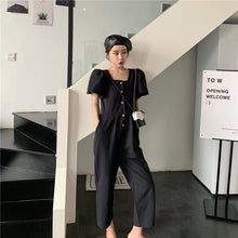 Load image into Gallery viewer, 2019 Korean women's new solid color simple Joker single-breasted square collar tooling short sleeve siamese wide leg pants 9213