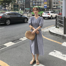 Load image into Gallery viewer, New women's dress of 2019 V-neck, short sleeve, plaid, retro foam sleeve, loose waist tie dress
