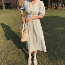 Load image into Gallery viewer, New women's dress of 2019 V-neck, short sleeve, plaid, retro foam sleeve, loose waist tie dress
