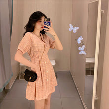 Load image into Gallery viewer, Summer 2019 New Retro Harbour Wind Bubble Sleeve A-shaped Skirt, Slim Closed Short Sleeve Chequered Dress 813