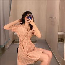Load image into Gallery viewer, Summer 2019 New Retro Harbour Wind Bubble Sleeve A-shaped Skirt, Slim Closed Short Sleeve Chequered Dress 813